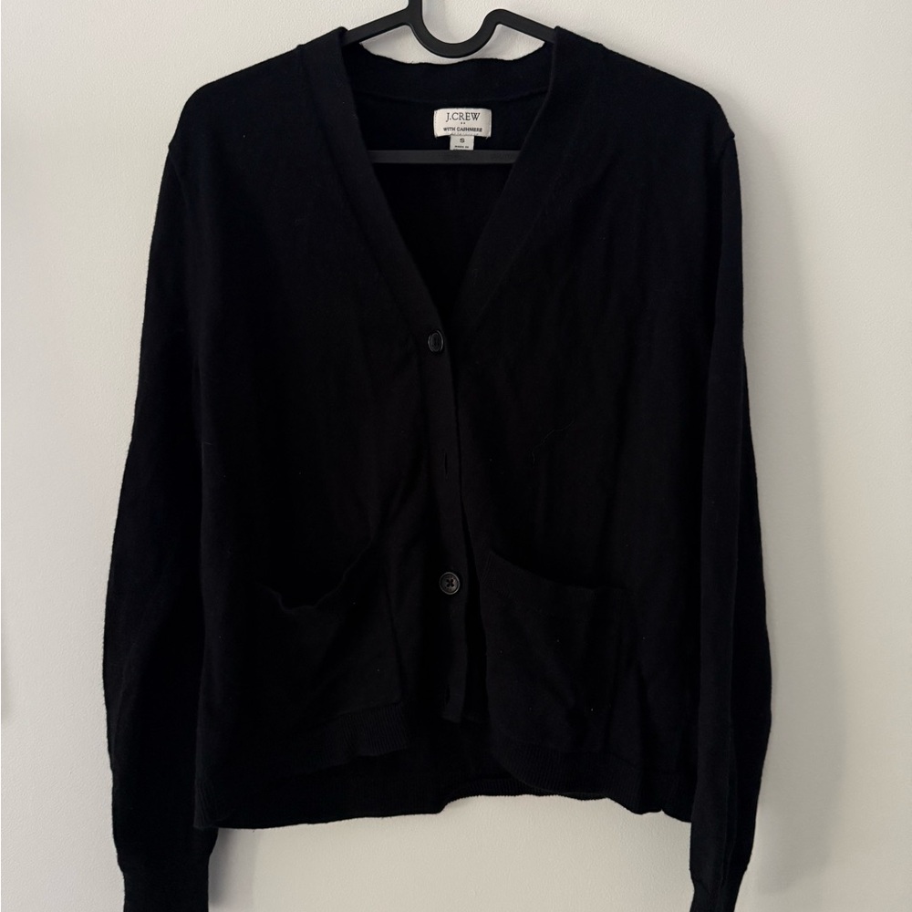 J. Crew Black V-Neck Button-Front Cardigan in Cotton Cashmere Blend
